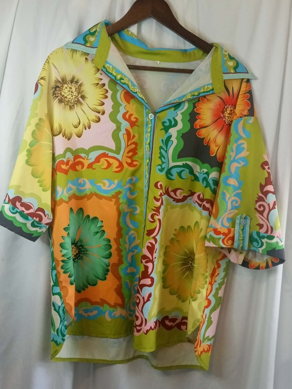 Vibrant Floral Button Shirt Yellow Green Orange Daisy XL Tropical Casual Summer - Picture 3 of 6